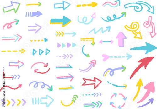 Colorful and simple arrow icons, hand drawn cute illustration set / カラフルでシンプルな矢印のアイコン、手描きのかわいいイラストセット