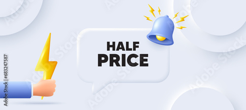 Half Price tag. Neumorphic background with chat speech bubble. Special offer Sale sign. Advertising Discounts symbol. Half price speech message. Banner with energy. Vector