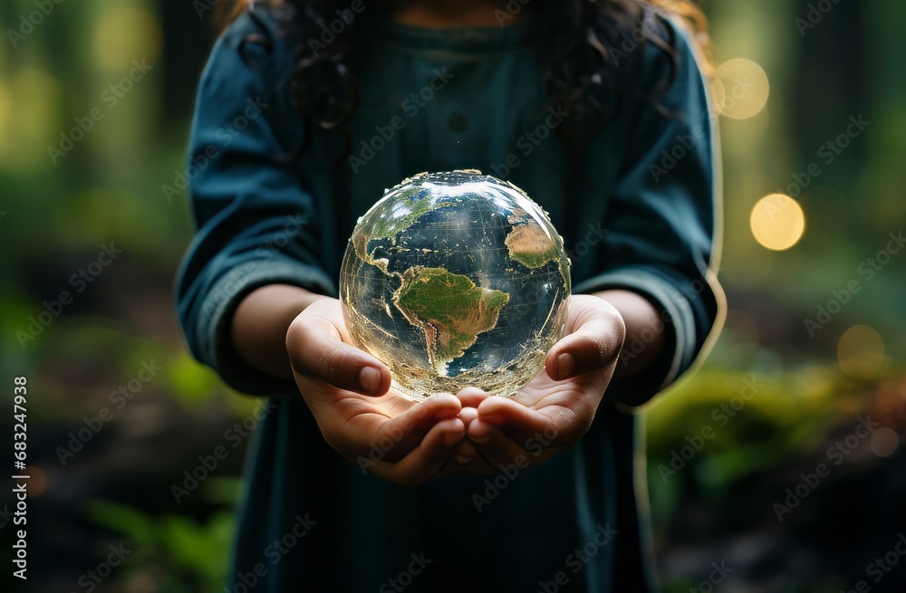 Guardians of the Earth: Human Hands Holding the Planet Against a Forest Backdrop Guardians of the Earth: Human Hands Holding the Planet Against a Forest Backdrop