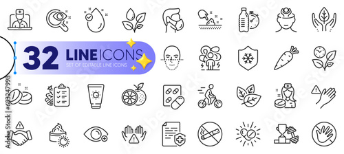 Outline set of Do not touch, Cyclist and Capsule pill line icons for web with Dont handshake, Medical mask, Dont touch thin icon. Leaves, Clean skin, Sun cream pictogram icon. Vector