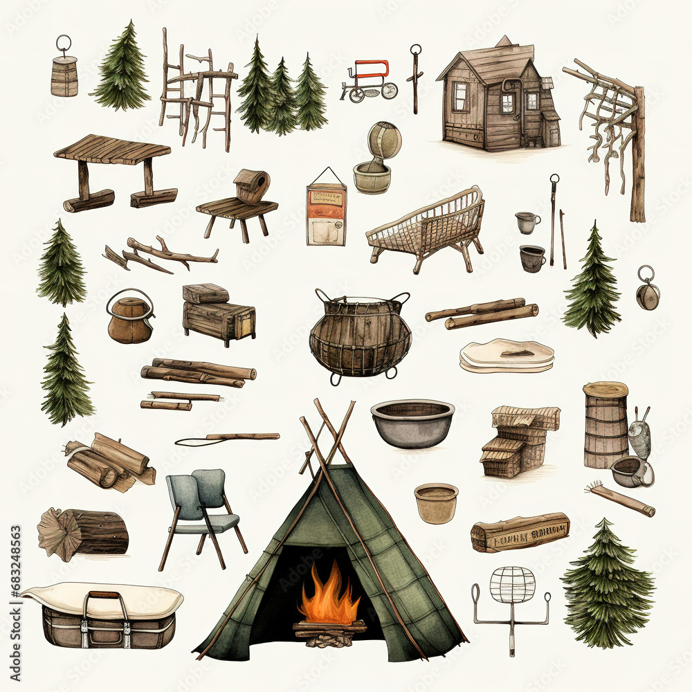 Large set of Camping equipment. Items for summer camping, trekking. Travel supplies icons for outdoor base camp. Backpack, campfire, tent, pointers, bowler hat. Isolated flat - obrazy, fototapety, plakaty 