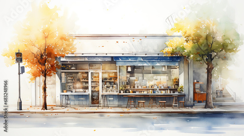 light watercolor, outside of a coffeeshop, bright, white background, few details and dreamy