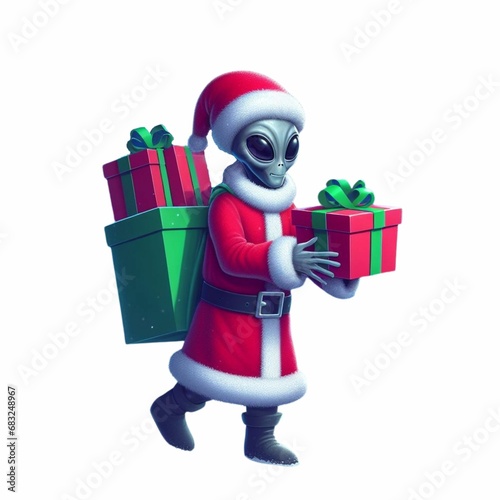 a cartoon alien character carrying a big present box with two boxes wrapped in green and
