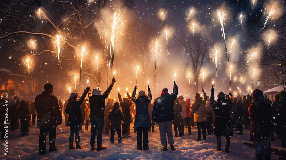 many people holding sparklers in winter park, christmas and new year theme celebrating