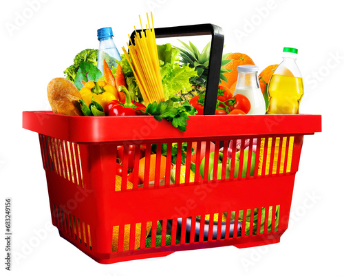 Plastic red shopping basket full of assorted grocery products isolated on white or transparent  background