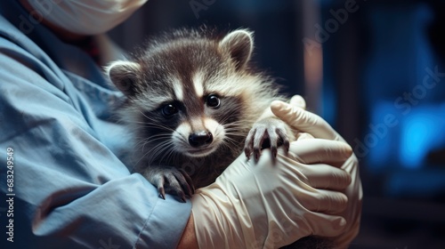 cute baby raccoon in a veterinary clinic for treatment, in hands, closeup, banner