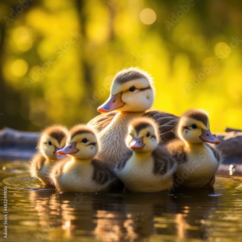 A serene pond scene with a mother duck leading her adorable ducklings, surrounded by vibrant colors and a gentle glow. Generative AI.