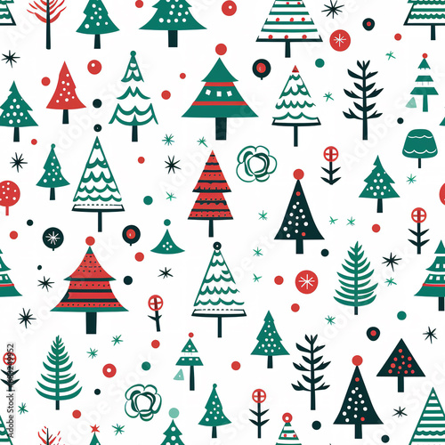 Christmas Seamless pattern with cute Santa Claus and reindeers. Christmas ornament with candy cane, holly leaves, cookies, toys, ho ho ho lettering. Holiday background, wrapping paper in cartoon style