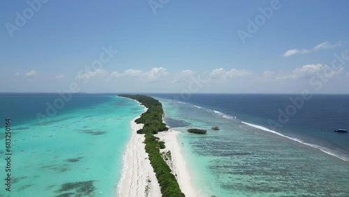 Sandbar of dhigurah island with sandy beach and blue water, Maldives. Aerial photo