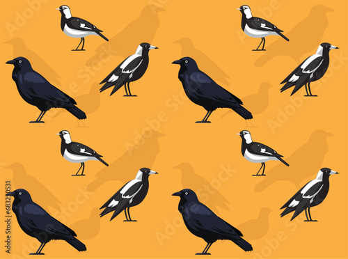 Bird Australian Raven Magpie Lark Cartoon Cute Seamless Wallpaper Background photo