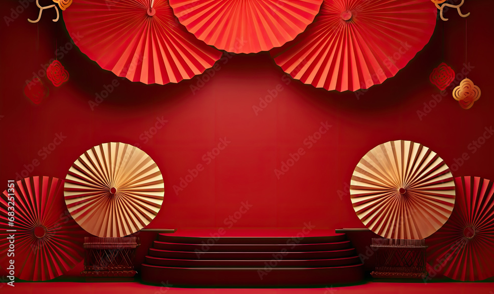 chinese lanterns with fan background on a red background
