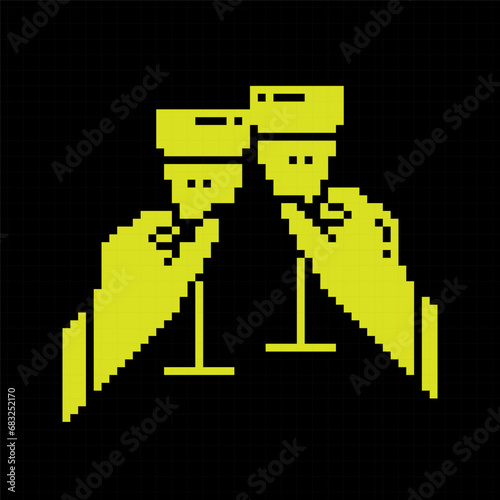 Pixel silhouette icon. Glasses with festive sparkling champagne in hands. Cheers with glasses at New Year table. Simple black and yellow vector isolated