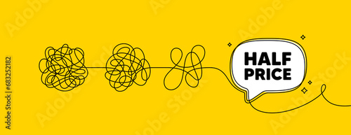 Half Price tag. Simplify complex process with speech bubble. Special offer Sale sign. Advertising Discounts symbol. Half price speech bubble message. Tangle chaos. Easy solution. Vector