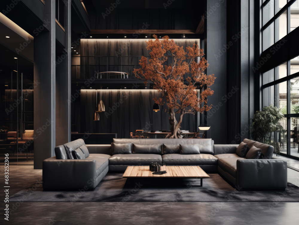 modern Luxury lobby interior, dark. black leather sofa - obrazy, fototapety, plakaty 