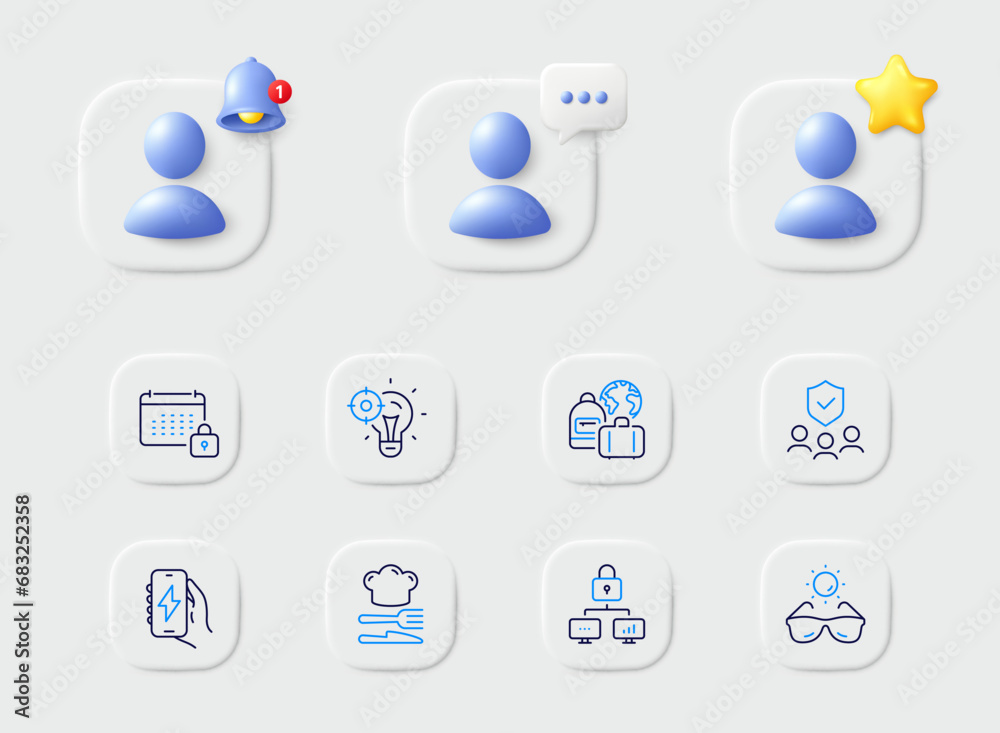 Sunglasses, Calendar and Seo idea line icons. Placeholder with 3d star, reminder bell, chat. Pack of People insurance, Food, Baggage icon. Lock, Charging app pictogram. For web app, printing. Vector Sunglasses, Calendar and Seo idea line icons. Placeholder with 3d star, reminder bell, chat. Pack of People insurance, Food, Baggage icon. Lock, Charging app pictogram. For web app, printing. Vector