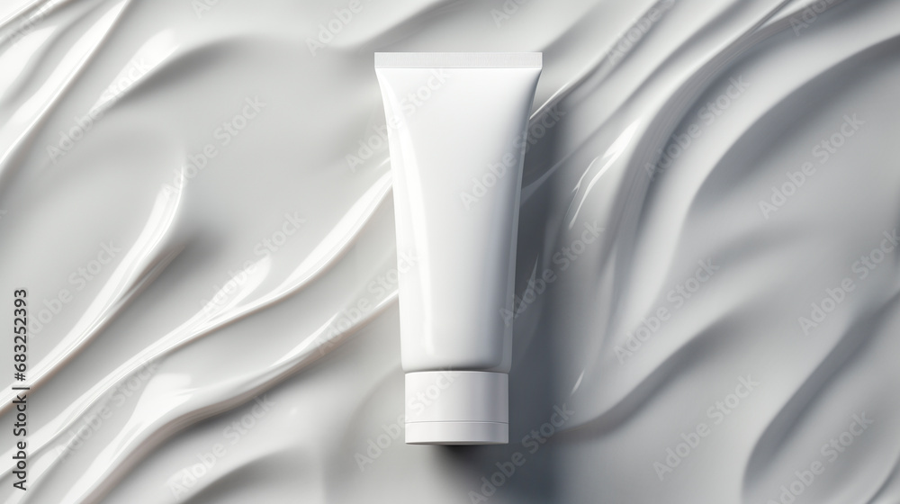 White plastic tube of moisturizer on white background. Flat lay, top view, copy space. - obrazy, fototapety, plakaty 