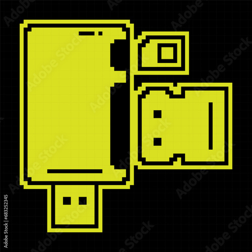 Pixel silhouette icon. Adapter for connecting external carriers of digital information. Simple black and yellow vector isolated