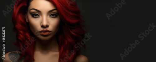 Young beautiful asian woman with long wavy red hair. Copy space.