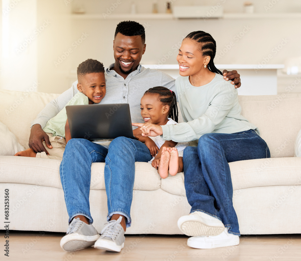 Happy family, laptop and streaming with smile on sofa for entertainment, video or movie. Black man, woman and children in laugh for funny joke on technology by internet, website or app in living room Happy family, laptop and streaming with smile on sofa for entertainment, video or movie. Black man, woman and children in laugh for funny joke on technology by internet, website or app in living room