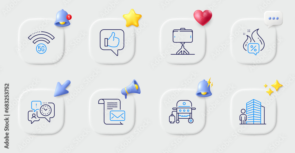 Hot offer, Time management and Like line icons. Buttons with 3d bell, chat speech, cursor. Pack of Mail letter, 5g wifi, Agent icon. Selfie stick, Gas grill pictogram. For web app, printing. Vector Hot offer, Time management and Like line icons. Buttons with 3d bell, chat speech, cursor. Pack of Mail letter, 5g wifi, Agent icon. Selfie stick, Gas grill pictogram. For web app, printing. Vector