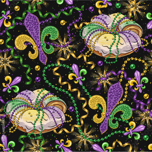 Seamless Mardi Gras pattern with king cake, strings of beads, party streamers, trinket, confetti, Fleur de Lis sign. Festive holiday design. Vintage illustration for prints, clothing, surface design