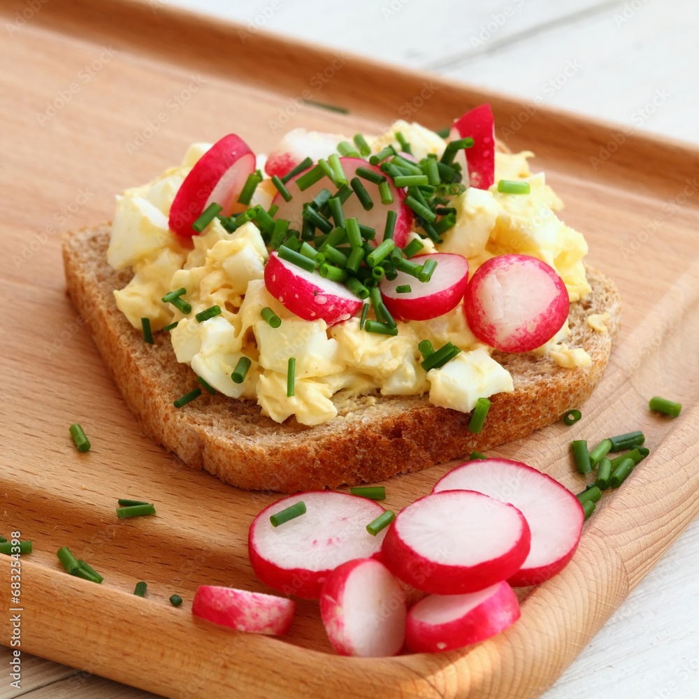 Egg salad over whole grain toast with radish and chives. Homemade spread made from eggs and processed cheese on white table. Egg salad over whole grain toast with radish and chives. Homemade spread made from eggs and processed cheese on white table.