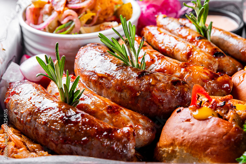 Set with various meat Bavarian, Frankfurt, German grilled sausages, Oktoberfest food