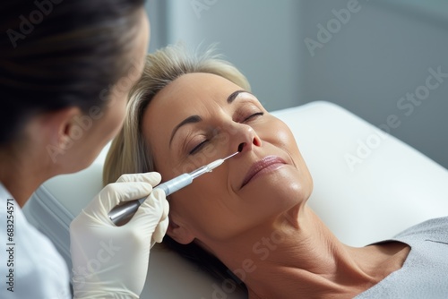 Beauty specialist injects neurotoxin or dermal filler in crows feet or upper eyelid. Close up woman's head in white cap and doctor's hands in gloves. Aesthetic face skin eye wrinkle treatment concept. photo