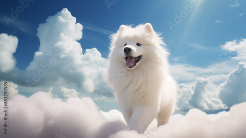 A Samoyed dog walking on fluffy white clouds in the sky photo