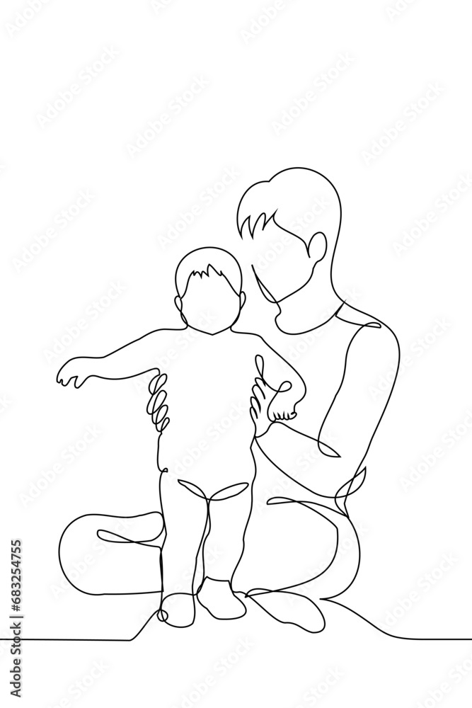 Fototapeta premium silhouette of father and child, dad sitting on the floor holding a learning to walk baby in a diaper - one line art vector. concept dad and baby, child learning to walk, nanny