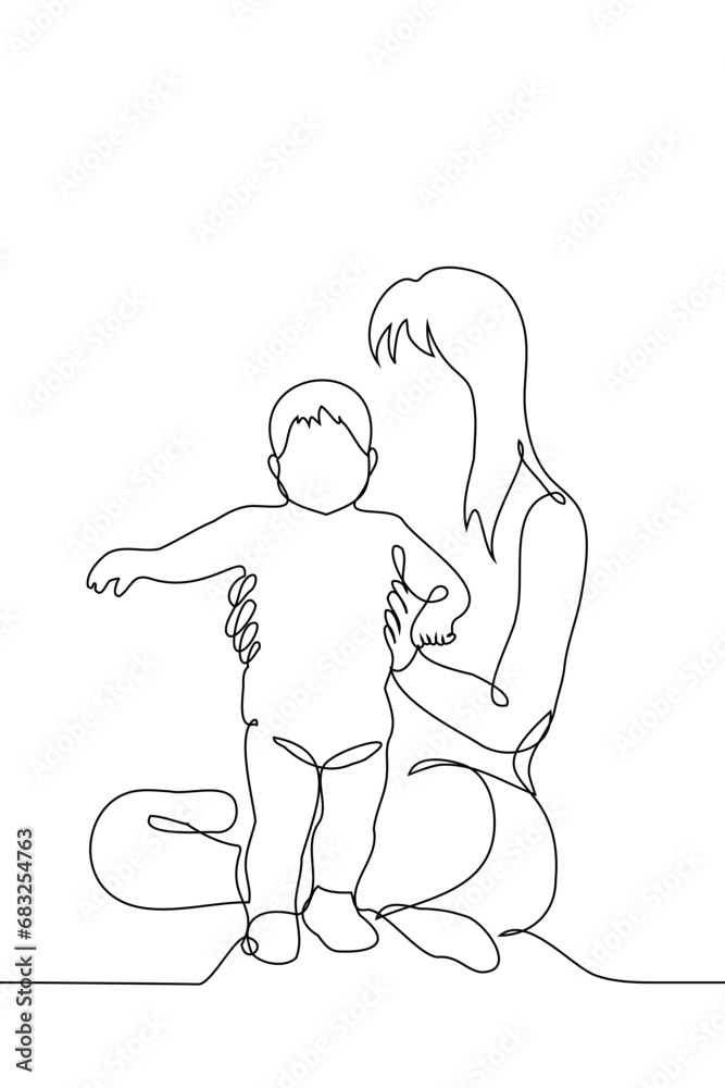 silhouette of mother and child, mother sitting on the floor holding a learning to walk baby in a diaper - one line art vector. concept mother and child, child learning to walk, nanny silhouette of mother and child, mother sitting on the floor holding a learning to walk baby in a diaper - one line art vector. concept mother and child, child learning to walk, nanny