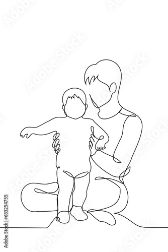 silhouette of father and child, dad sitting on the floor holding a learning to walk baby in a diaper - one line art vector. concept dad and baby, child learning to walk, nanny