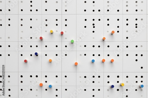Simetrical rows and columns of holes on a white pegboard photo