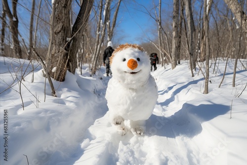 Children made a cheerful snowman with an orange nose out of snow © Victor