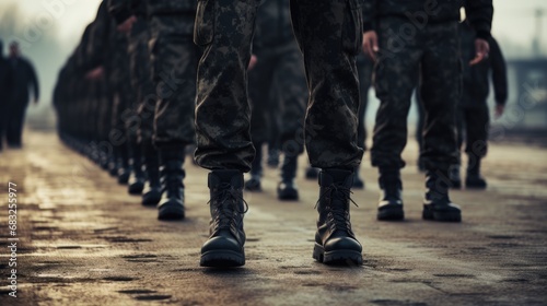 group of marching soldiers - closeup on military boots