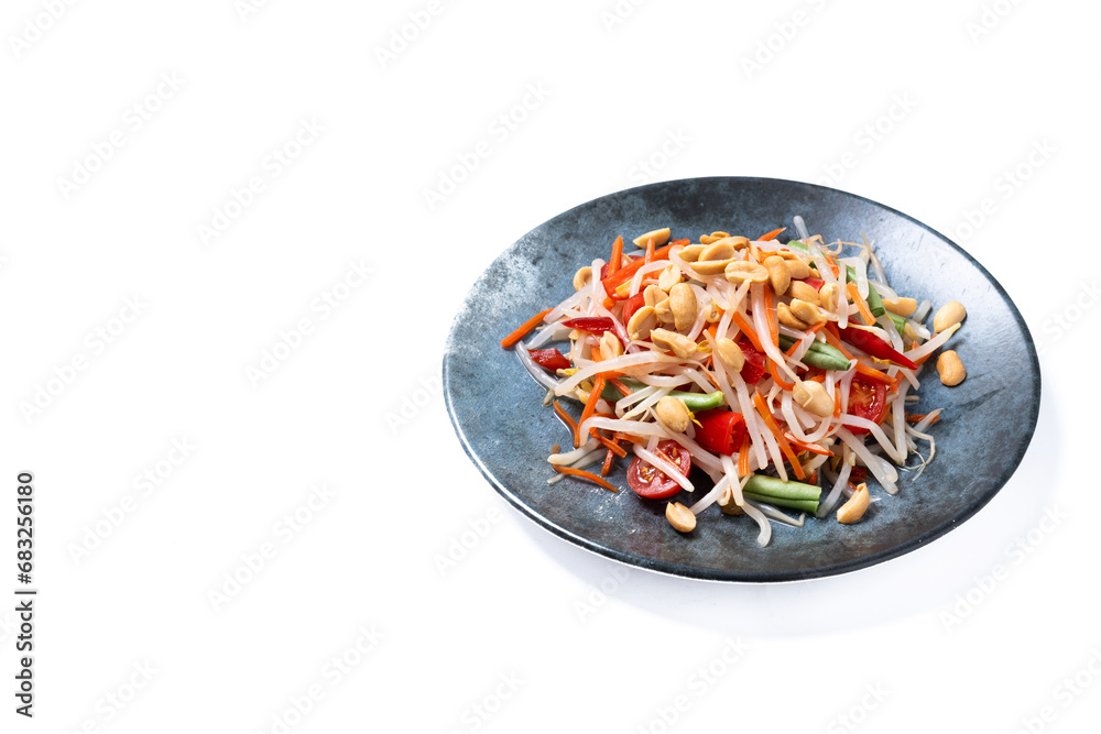 Green Papaya Salad, som tam thai isolated on white background. Copy space Green Papaya Salad, som tam thai isolated on white background. Copy space