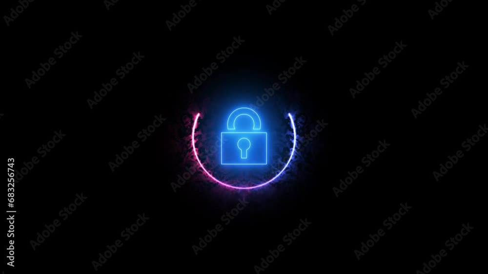 Cybersecurity glowing lock icon neon circle with 3D background Cybersecurity glowing lock icon neon circle with 3D background