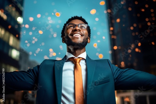 Businessman on the street joyfully raises his hands up, celebrating victory and success at work