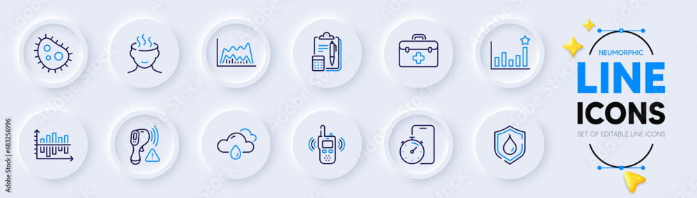 Waterproof, Accounting and Rainy weather line icons for web app. Pack of Timer app, Efficacy, Diagram chart pictogram icons. Bacteria, First aid, Electronic thermometer signs. Vector