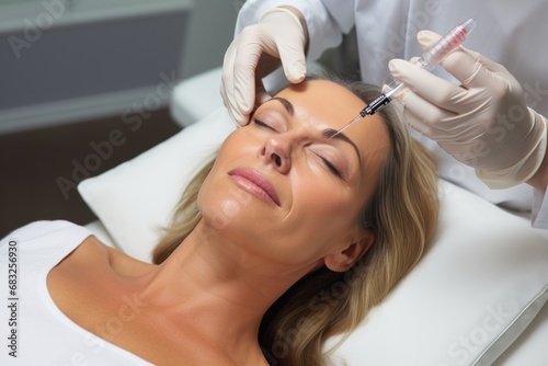 Beauty specialist injects neurotoxin or dermal filler in crows feet or upper eyelid. Close up woman's head in white cap and doctor's hands in gloves. Aesthetic face skin eye wrinkle treatment concept.
