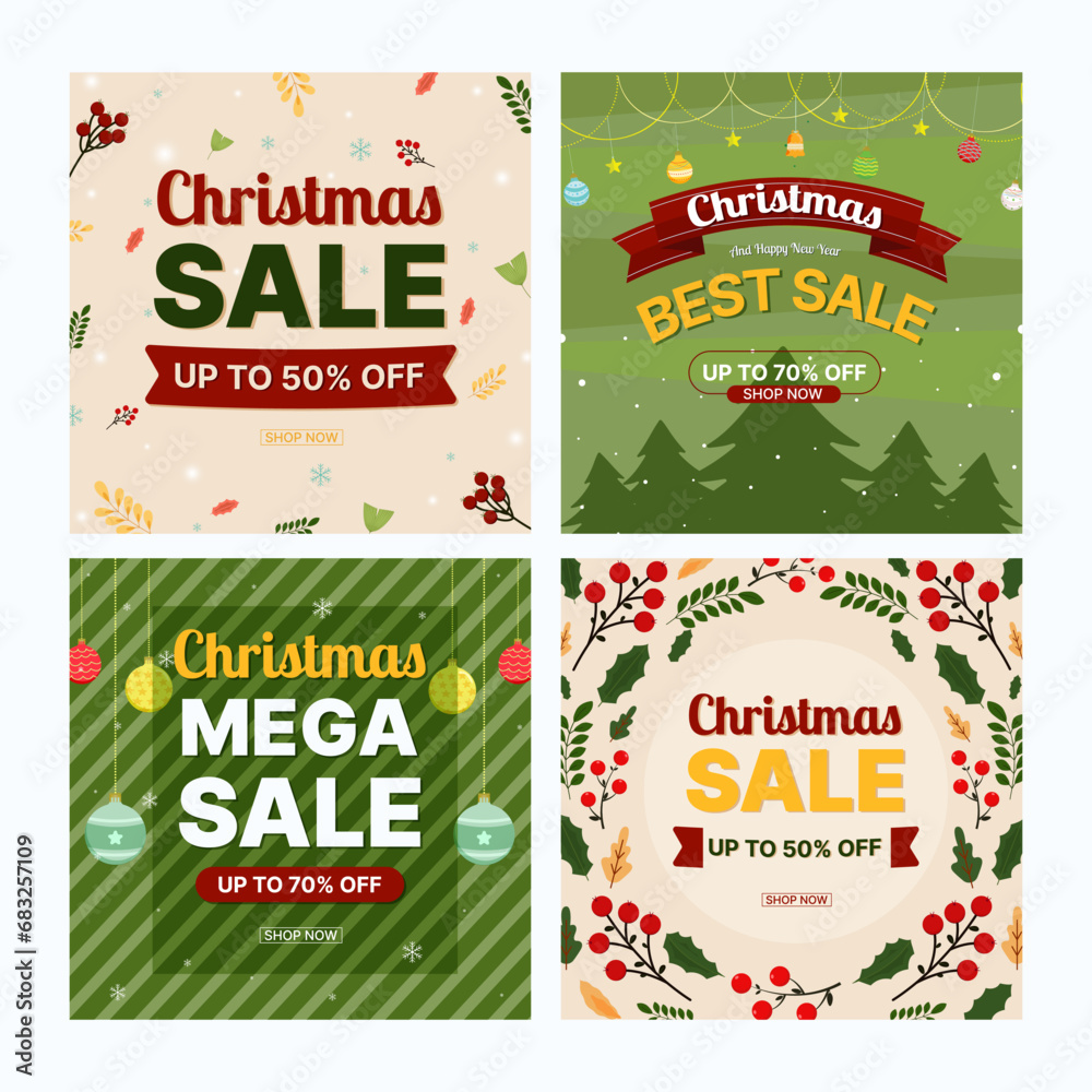 Set of Christmas Sale social post with christmas element. - obrazy, fototapety, plakaty 