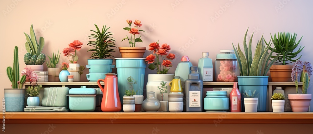 Household products on a table. Household products on a table.