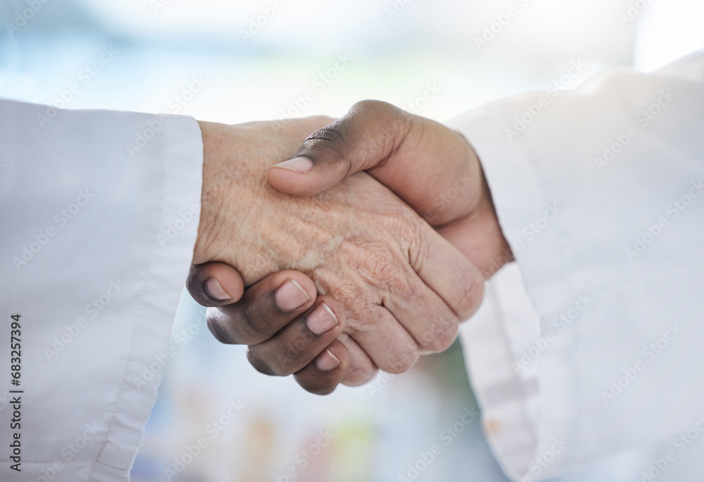 Science, shaking hands and agreement in laboratory for onboarding, deal or gratitude. Welcome, medical research and scientist in handshake for partnership, collaboration or introduction for doctors. - obrazy, fototapety, plakaty 