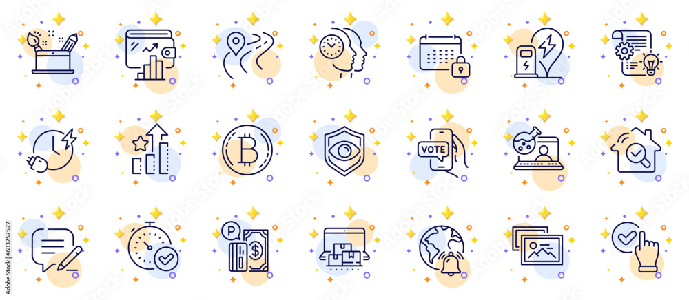 Outline set of Eye detect, Parking payment and Time management line icons for web app. Include Cogwheel, Road, Online storage pictogram icons. Charging time, Write, Internet notification signs. Vector Outline set of Eye detect, Parking payment and Time management line icons for web app. Include Cogwheel, Road, Online storage pictogram icons. Charging time, Write, Internet notification signs. Vector