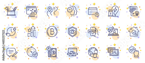 Outline set of Eye detect, Parking payment and Time management line icons for web app. Include Cogwheel, Road, Online storage pictogram icons. Charging time, Write, Internet notification signs. Vector