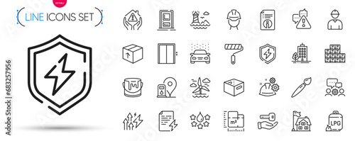 Pack of Energy inflation, Power certificate and Working process line icons. Include Skyscraper buildings, Floor plan, Package pictogram icons. Brush, House protection, Warning signs. Vector