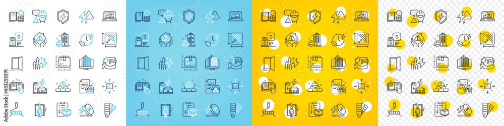 Vector icons set of Cardboard box, Construction bricks and Charging time line icons pack for web with Open door, Lightning bolt, Parcel checklist outline icon. Power safety, Package size. Vector Vector icons set of Cardboard box, Construction bricks and Charging time line icons pack for web with Open door, Lightning bolt, Parcel checklist outline icon. Power safety, Package size. Vector