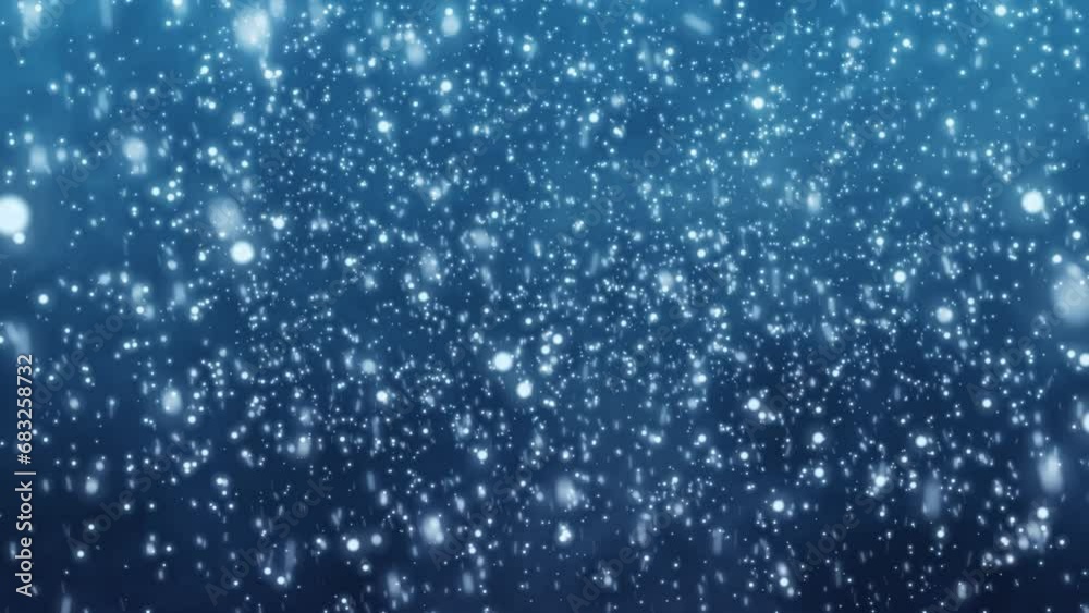 Flying snow on a blue background. 4K motion graphics. snowfall overlay, background - winter, effect of slowly falling snow. Abstract particle background. seamless loop. animation winter weather..