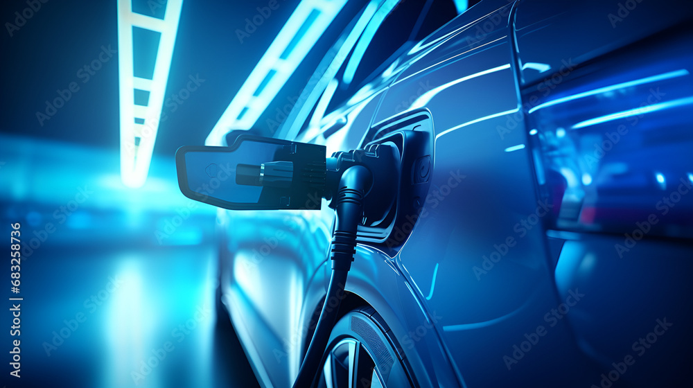 Black and blue electric car charging station on dark background,Electric car electromobile eco transport
