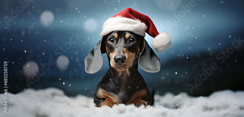 A cute dachshund dog standing chest deep in the snow, looking into the camera, wearing Santa Claus’ hat. Winter landscape snow falls from the sky at dusk. Funny Christmas time concept for holidays. © bagotaj
